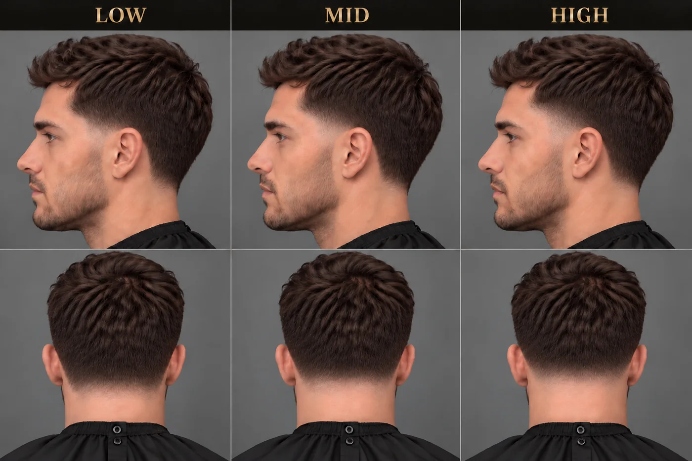Low, mid and high temple and nape taper comparison